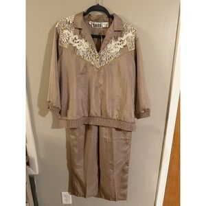 Teddi Womens Two Piece Set Taupe Lace Embellished Collar Pants‎ L